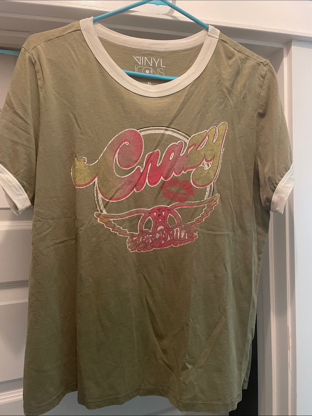 Women’s Crazy' Graphic Ringer Tee - Olive Green with White Trim